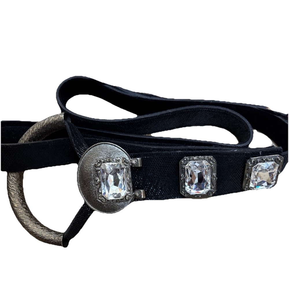 Hook & Loop Hammered‎ Silver Belt Size M Clear Crystal Rhinestone Cabochons